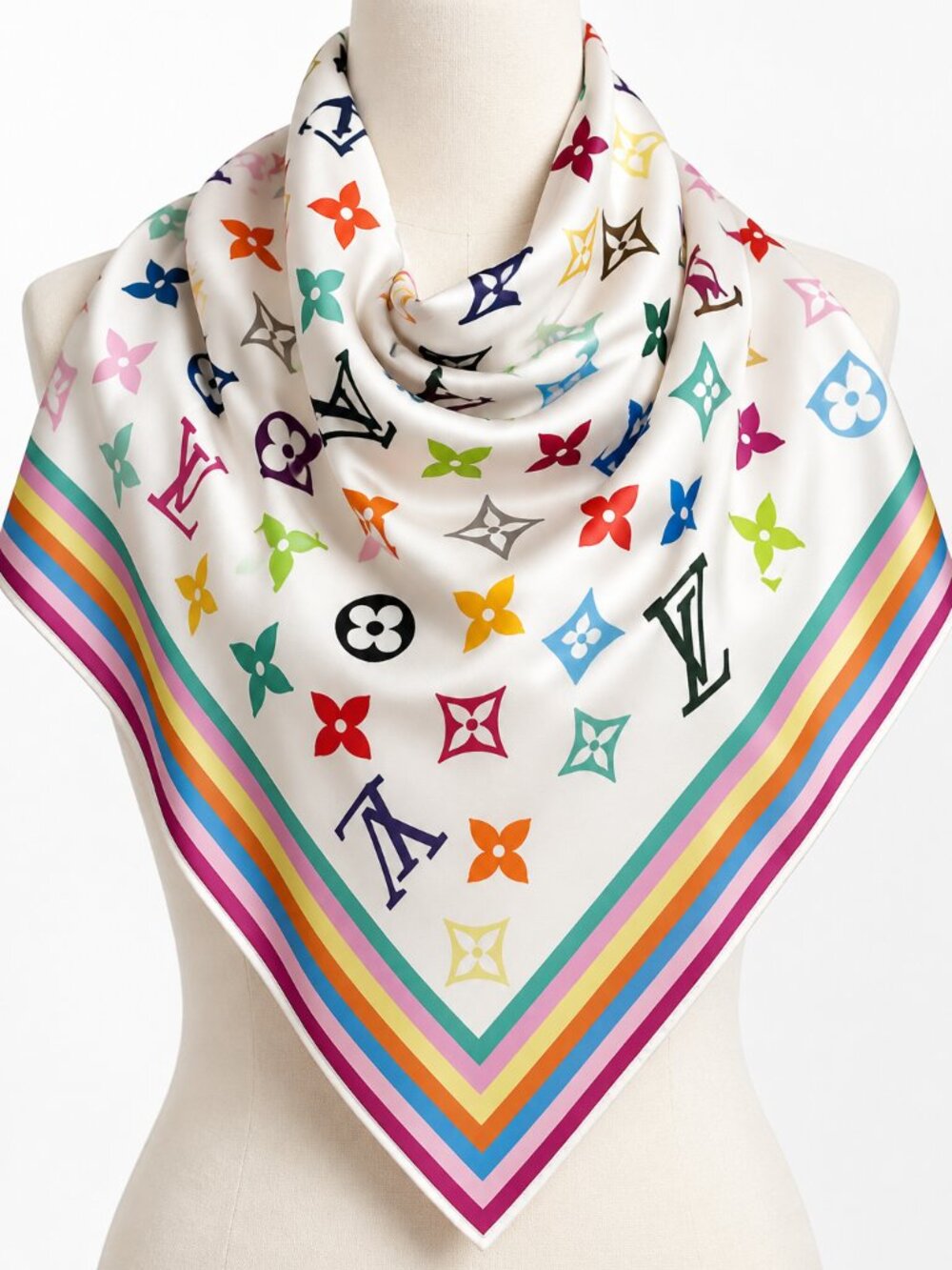 White Multicolor Square Scarf Rainbow Stripe Border Monogram Print Wrap